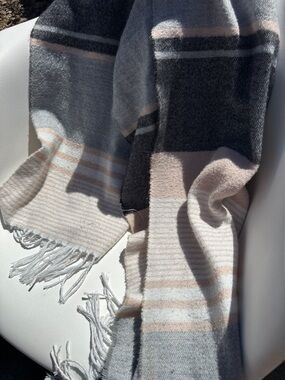 Cozy Striped Fringe Scarf in Gray and Blush